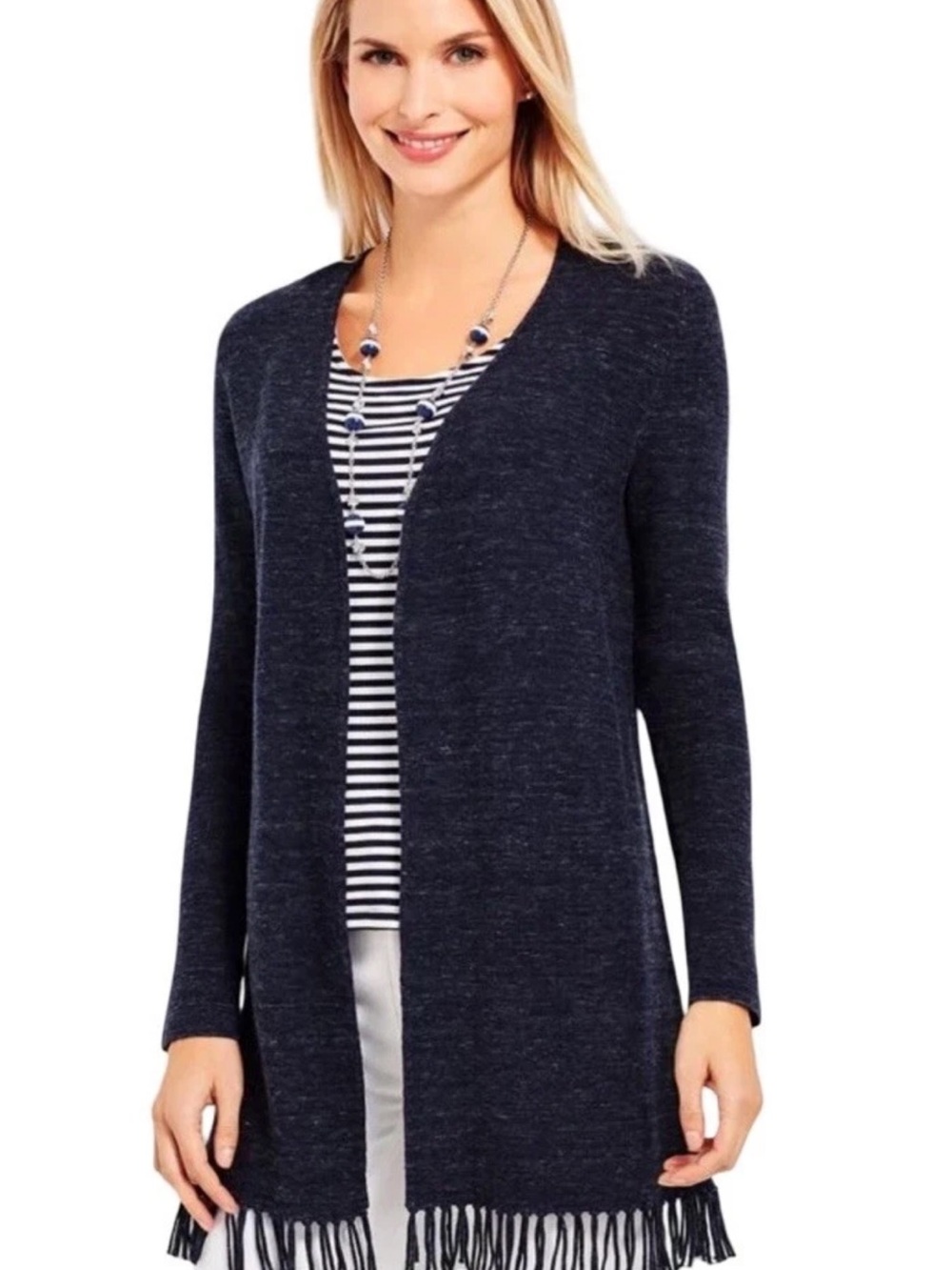 Talbots Space Dyed Fringe Hem Fly Away Open Front Cardigan X (L)